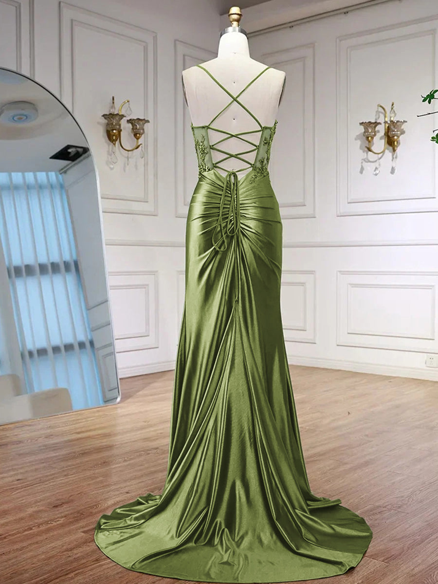 Sheath Spaghetti Straps Appliques Lace Sweep Train Silk Like Satin Corset Prom Dress