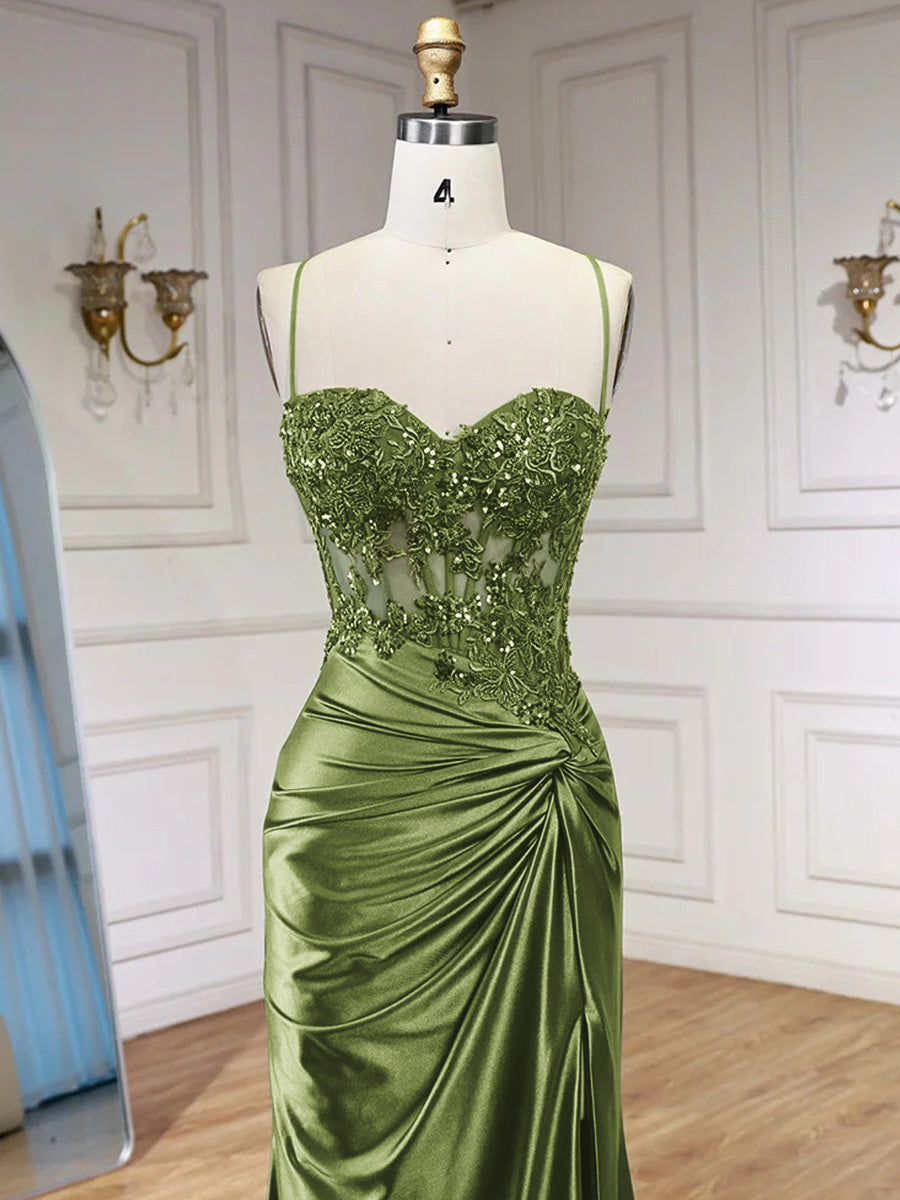 Sheath Spaghetti Straps Appliques Lace Sweep Train Silk Like Satin Corset Prom Dress