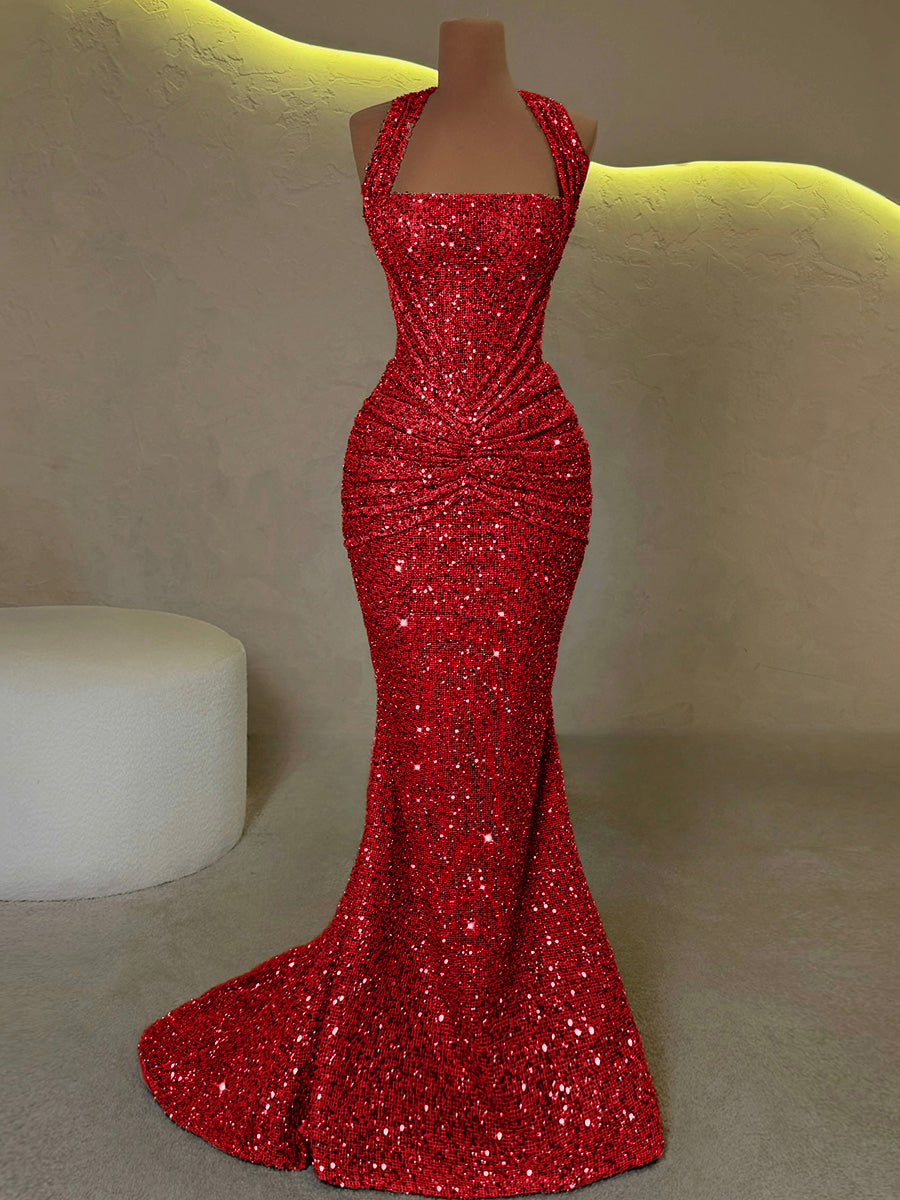 Sheath Straps Pleated Sweep Train Corset Prom Dress