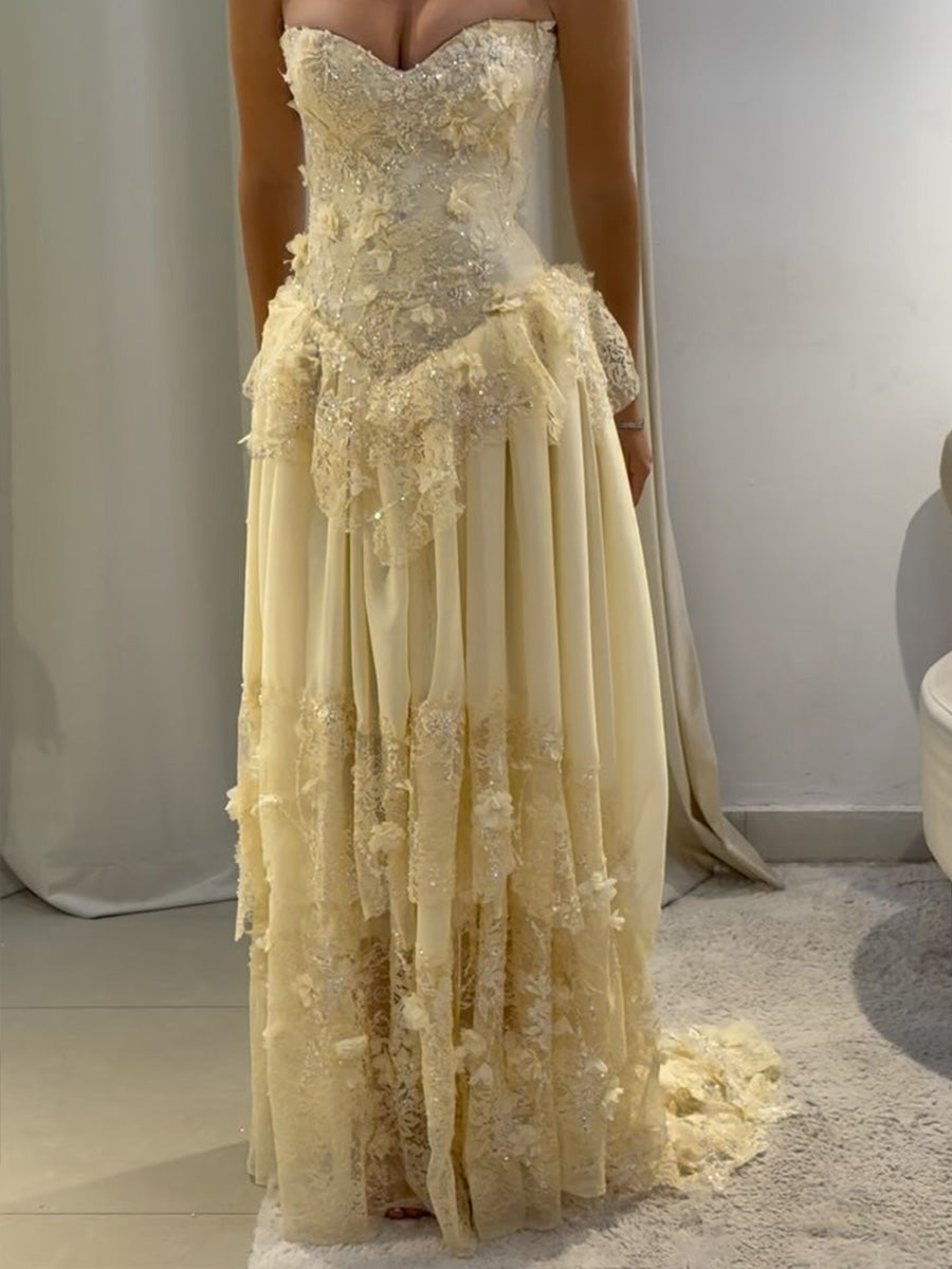 A-line Sweetheart Appliques Lace Sweep Train Chiffon Corset Prom Dress