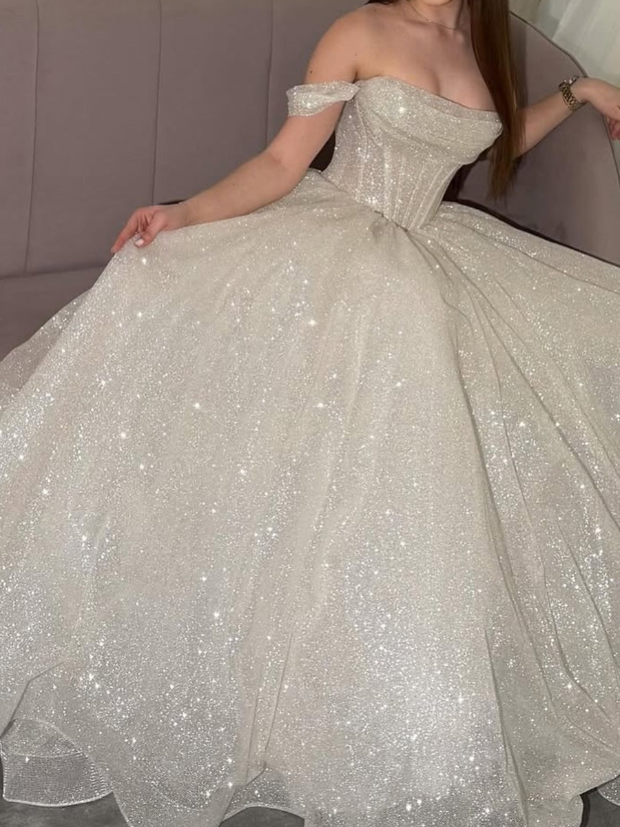 A-line Off-the-Shoulder Sequin Floor-Length Sequins Corset Prom Dress