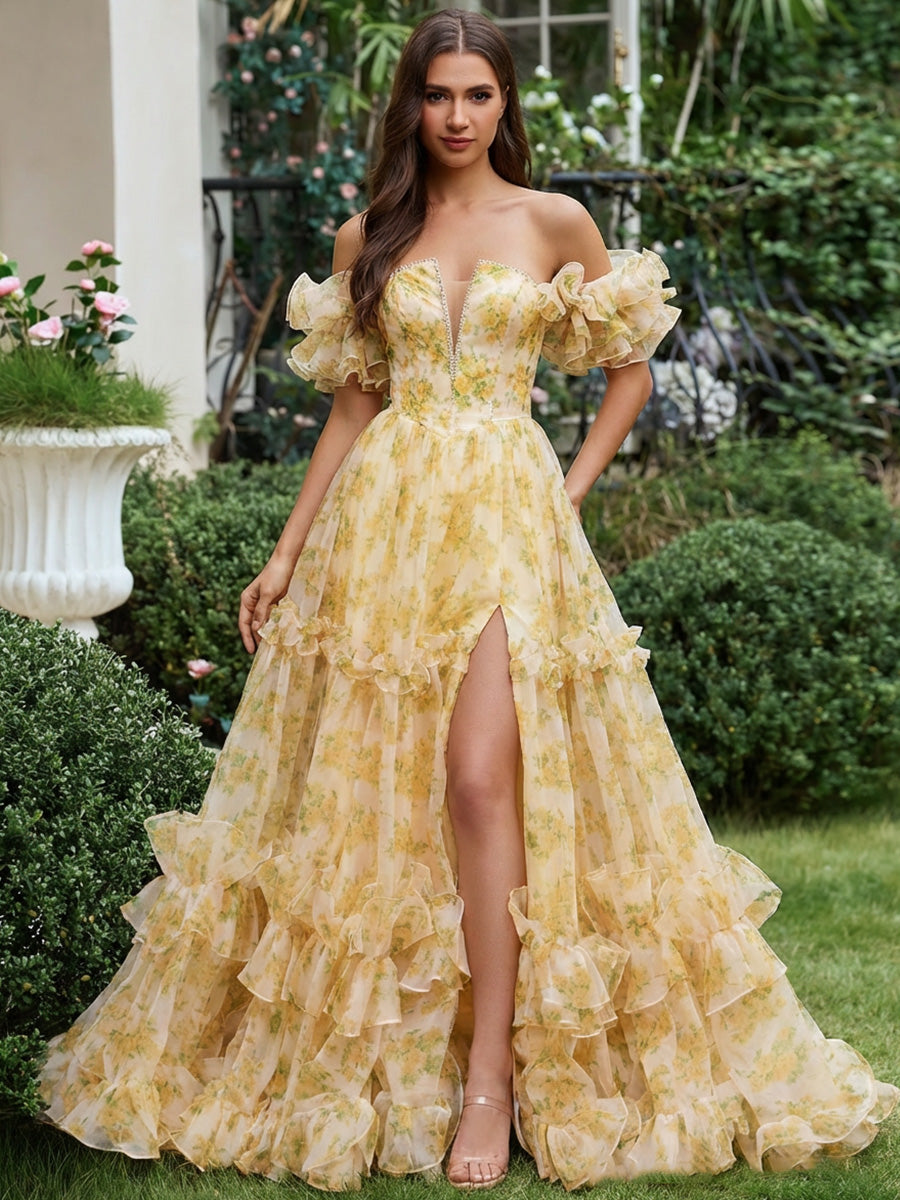 A-line Off-the-Shoulder Cascading Ruffles Floor-Length Corset Prom Dress