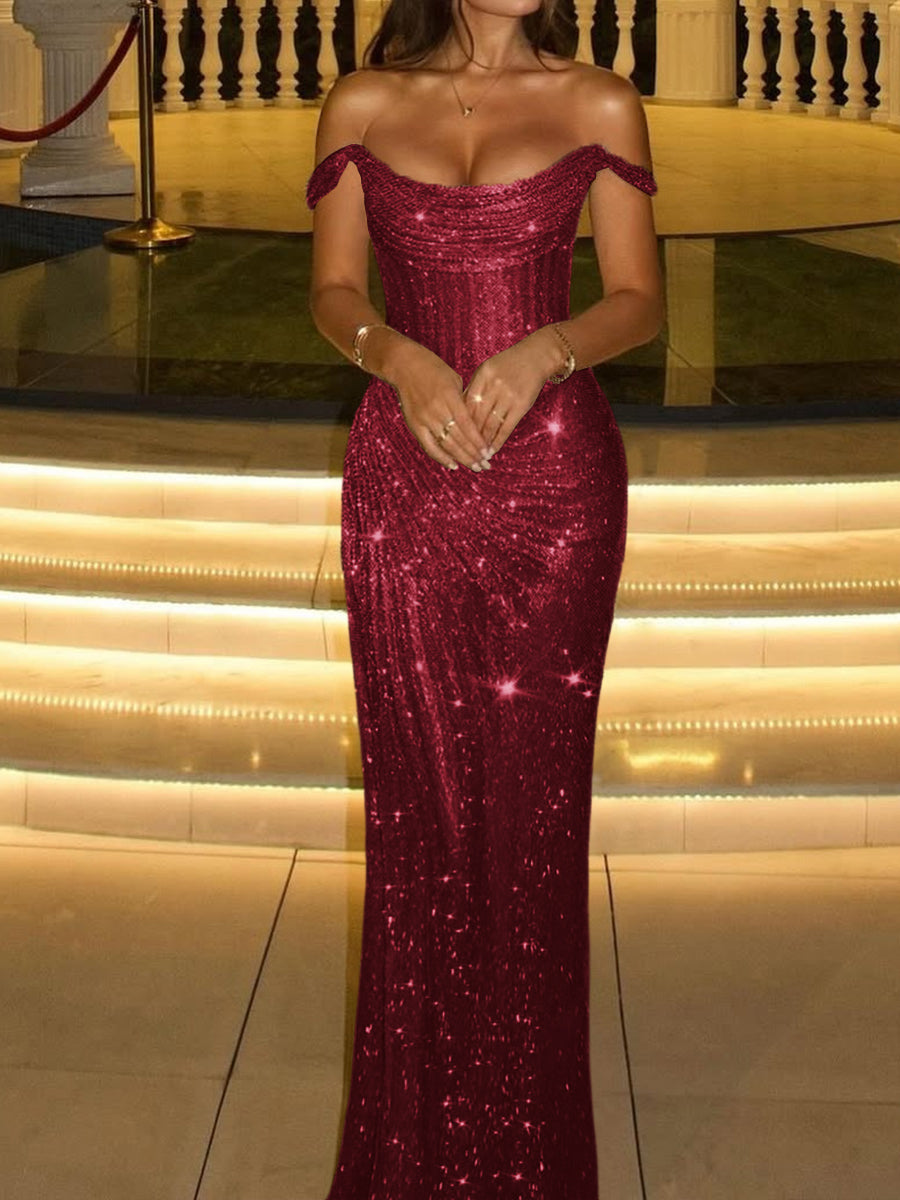 Sheath Off-the-Shoulder Pleated Floor-Length Corset Prom Dress