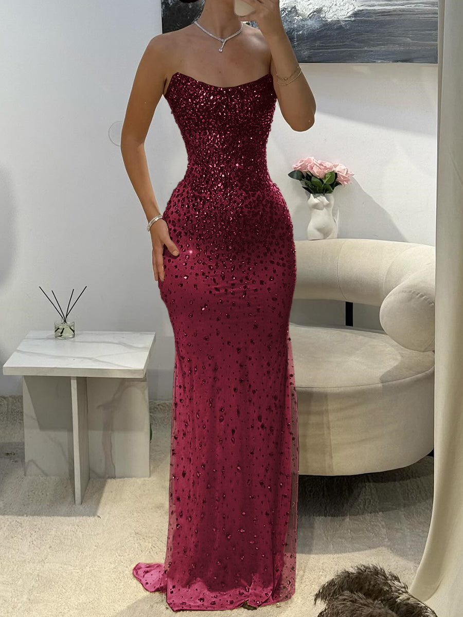 Sheath Straight Rhinestone Tulle Prom Dress