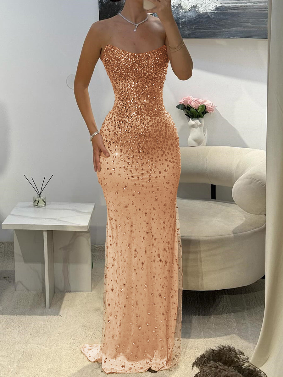 Sheath Straight Rhinestone Tulle Prom Dress