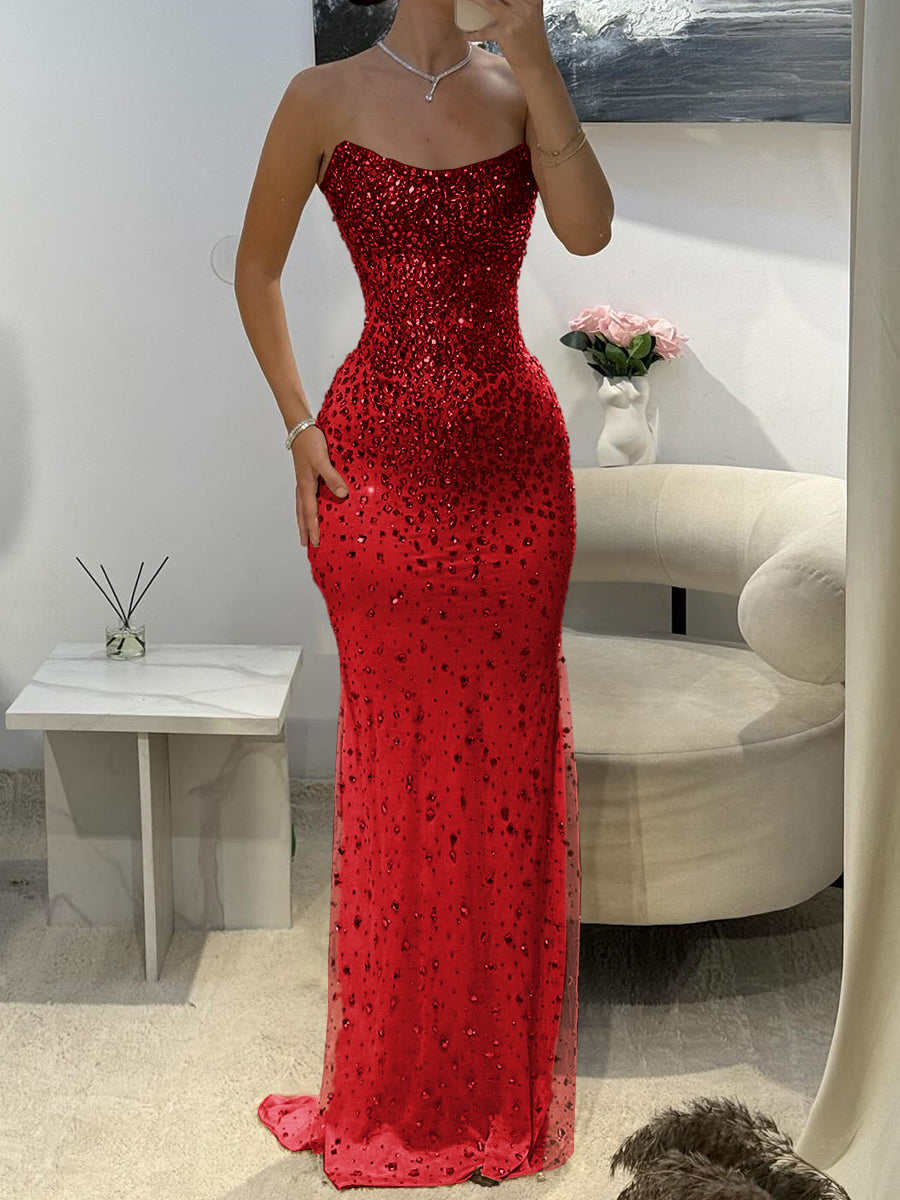 Sheath Straight Rhinestone Tulle Prom Dress