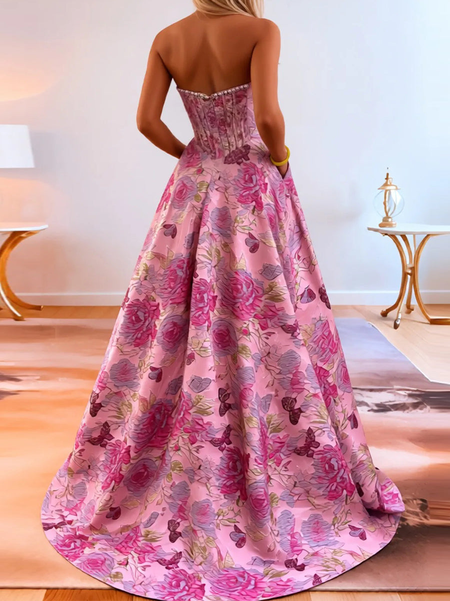 A-line Straight Rhinestone Sweep Train Other Corset Prom Dress