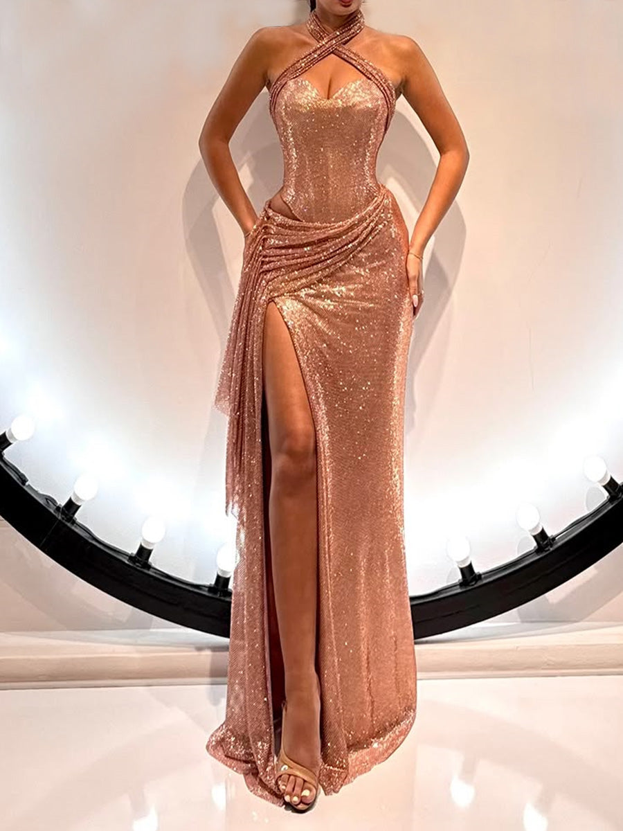 Sheath Halter Sequin Floor-Length Prom Dress