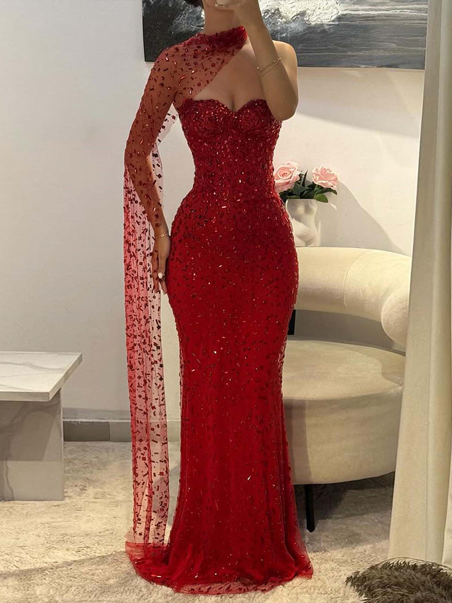 Sheath Sweetheart Beading Sweep Train Tulle Prom Dress