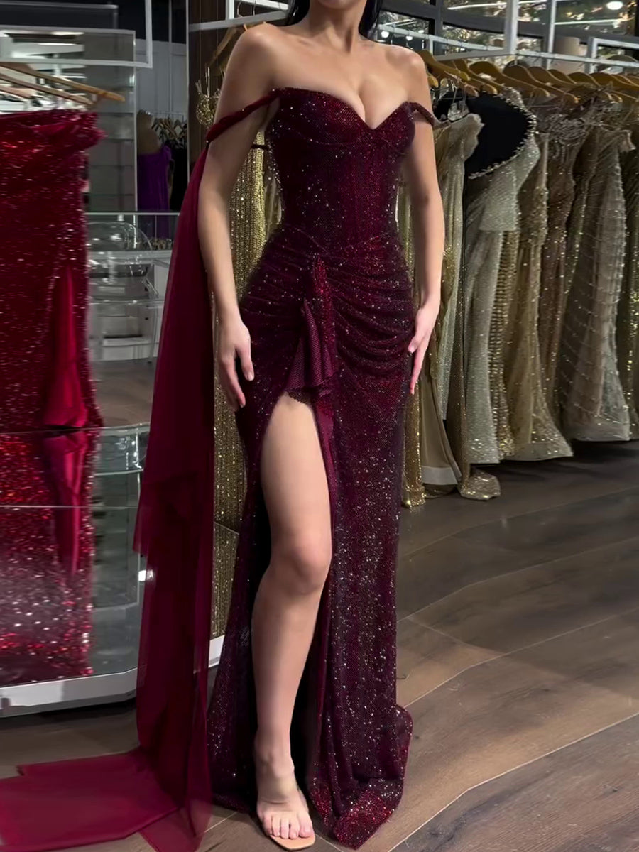 Sheath Off-the-Shoulder Pleated Sweep Train Corset Prom Dress