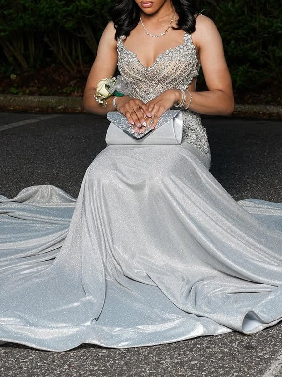Mermaid Straps Rhinestone Court Train Prom Dress