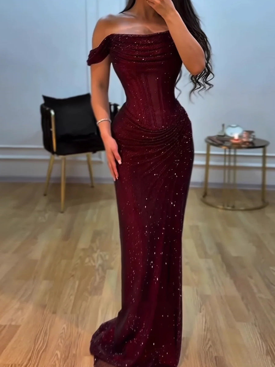 Sheath Off-the-Shoulder Pleated Sweep Train Corset Prom Dress