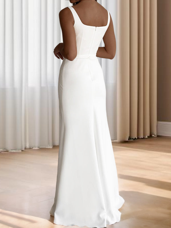 Sheath Straps Ruffles Floor-Length Stretch Crepe Wedding Dress