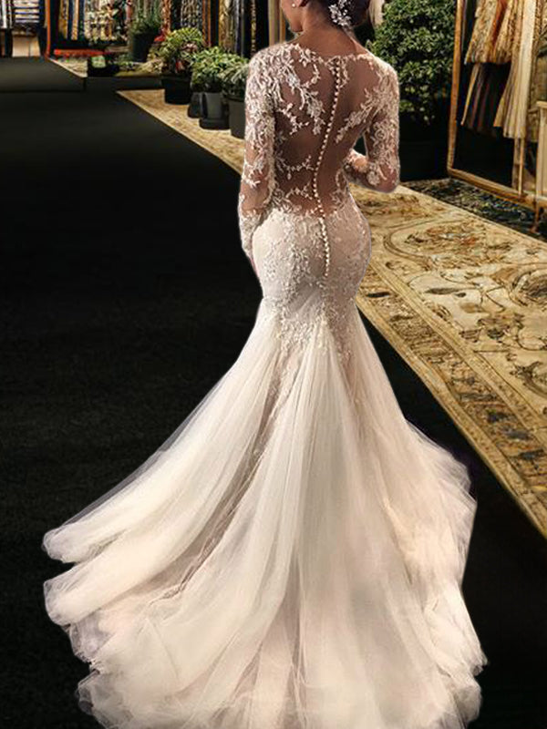 Mermaid V-neck Long Sleeves Lace Chapel Train Tulle Wedding Dress
