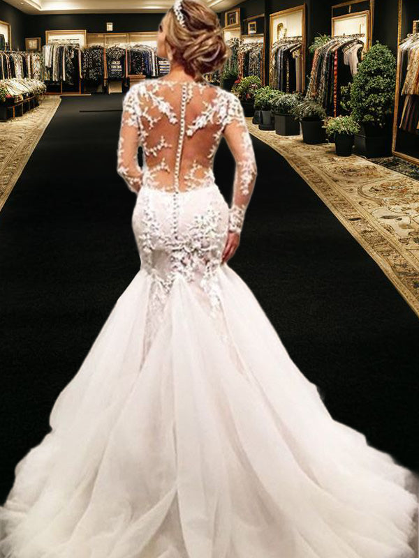 Mermaid V-neck Long Sleeves Lace Chapel Train Tulle Wedding Dress