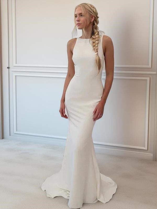Sheath Bateau Sweep Train Stretch Crepe Wedding Dress