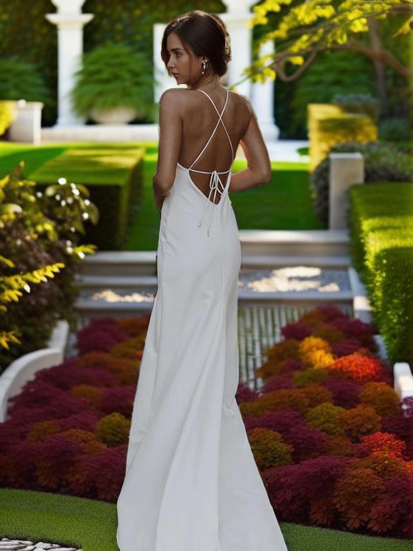 Sheath V-neck Sweep Train Stretch Crepe Wedding Dress