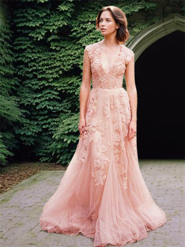 A-line V-neck Applique Sweep Train Tulle Wedding Dress