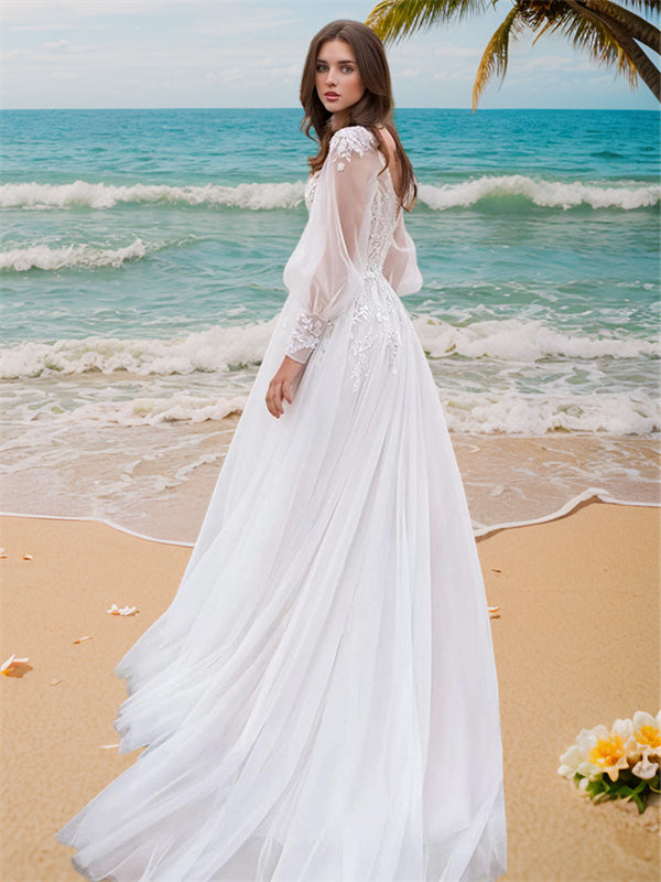 A-line V-neck Long Sleeves Applique Sweep Train Lace Wedding Dress