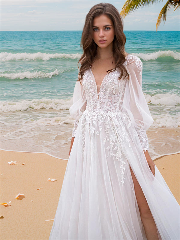 A-line V-neck Long Sleeves Applique Sweep Train Lace Wedding Dress