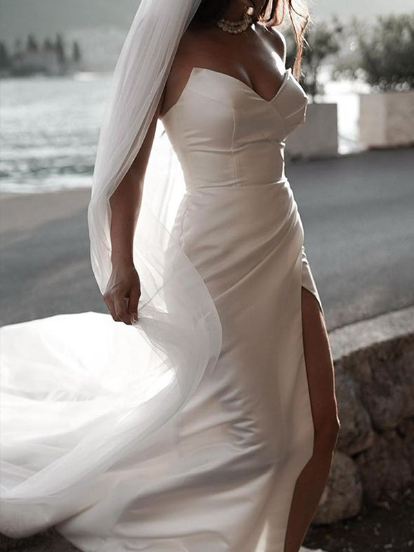 Sheath Sweetheart Ruched Sweep Train Satin Wedding Dress