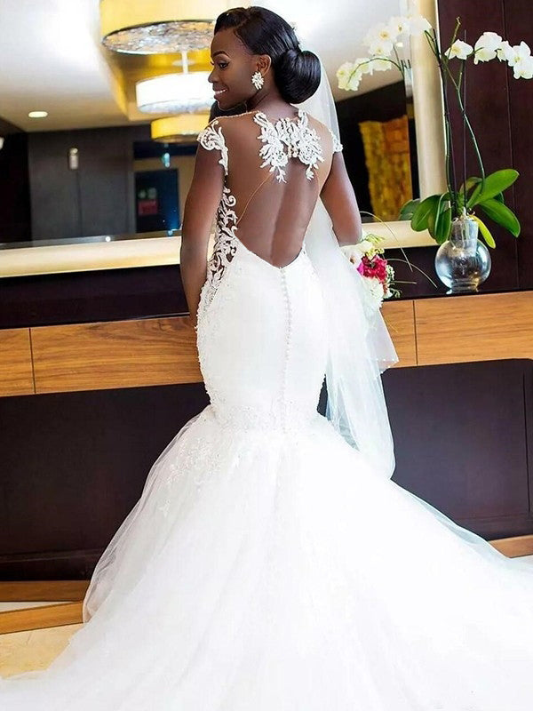 Mermaid V-neck Applique Sweep Train Tulle Wedding Dress