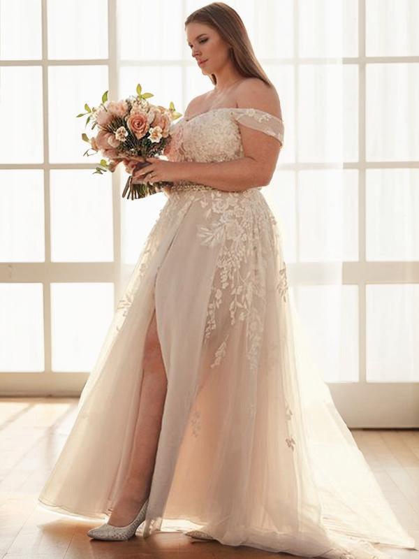 A-line Off-the-Shoulder Applique Sweep Train Tulle Wedding Dress