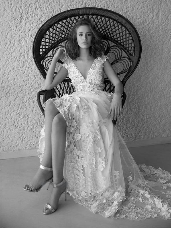 A-line V-neck Applique Court Train Tulle Wedding Dress
