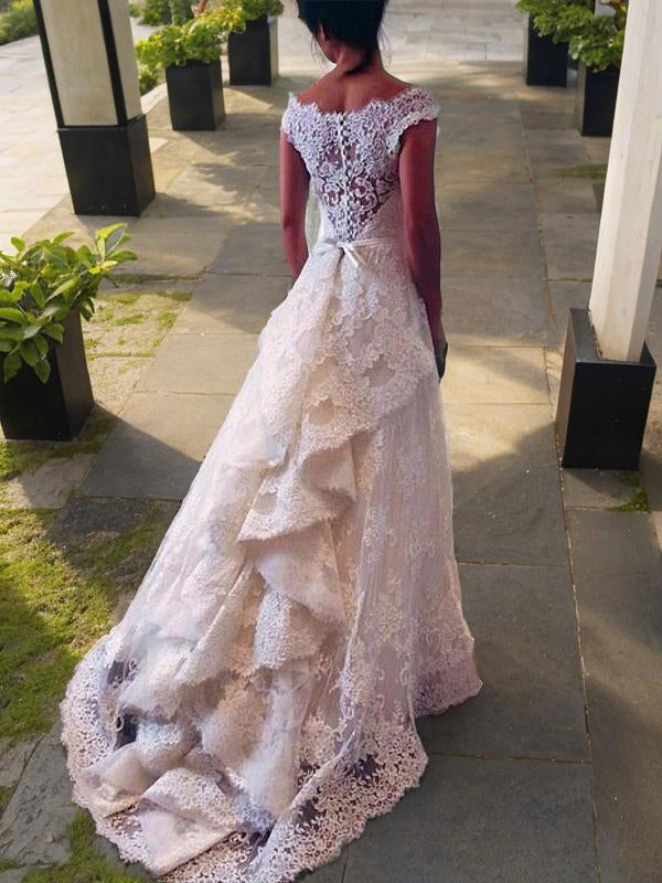 A-line Scoop Lace Sweep Train Lace Wedding Dress