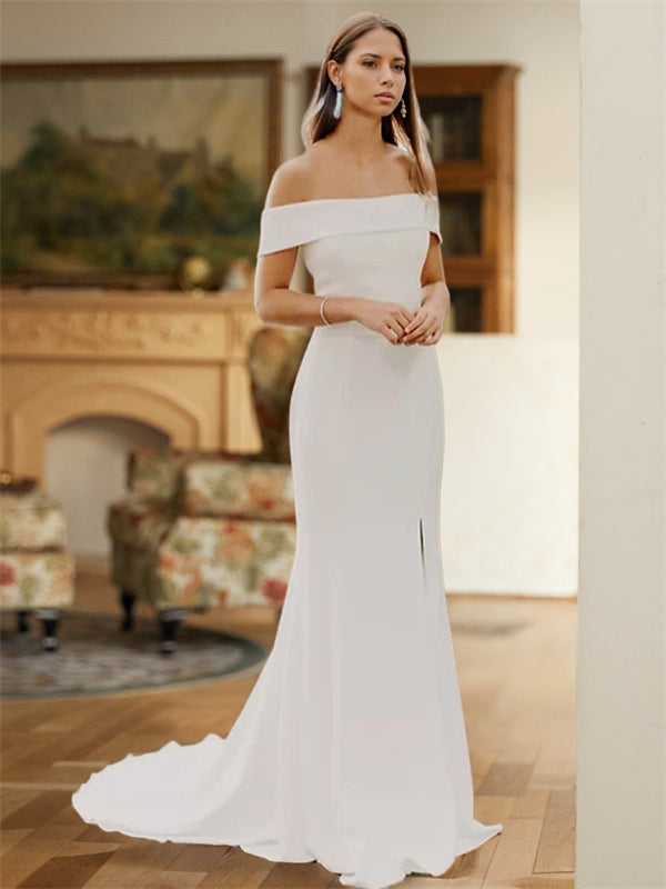 Sheath Off-the-Shoulder Sweep Train Stretch Crepe Wedding Dress