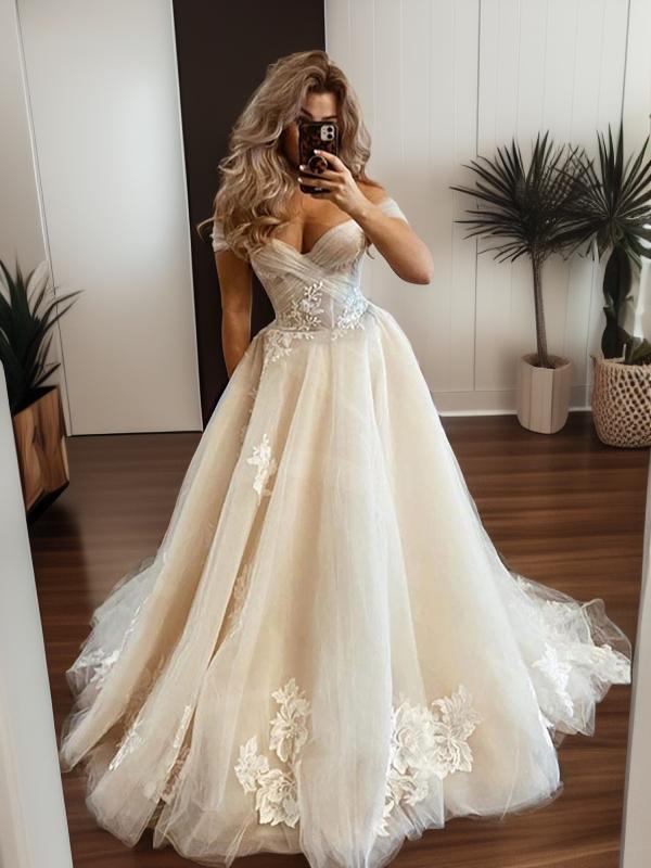 A-line Off-the-Shoulder Applique Sweep Train Tulle Wedding Dress