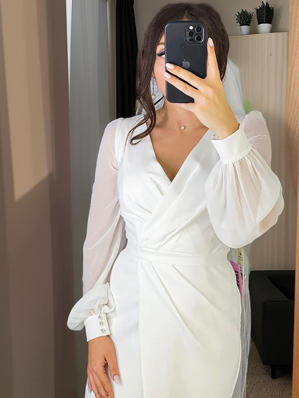Sheath V-neck Long Sleeves Ruched Floor-Length Stretch Crepe Wedding Dress