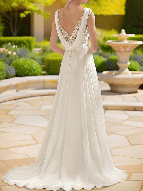 Empire V-neck Lace Sweep Train Chiffon Wedding Dress