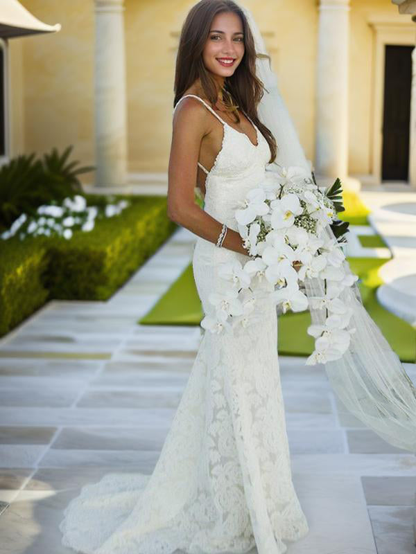 Mermaid Spaghetti Straps Lace Sweep Train Lace Wedding Dress