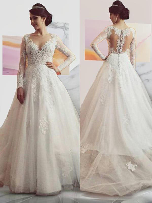 Ball-Gown V-neck Long Sleeves Appliques Lace Court Train Tulle Wedding Dress