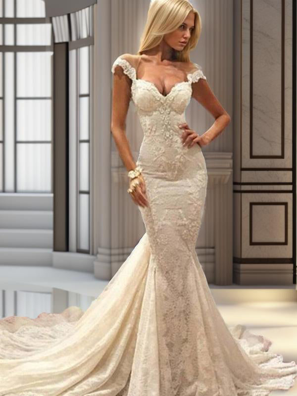 Mermaid V-neck Appliques Lace Chapel Train Lace Wedding Dress