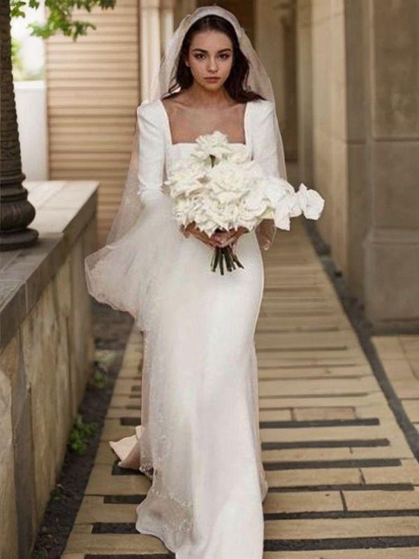 Sheath Square Long Sleeves Sweep Train Stretch Crepe Wedding Dress