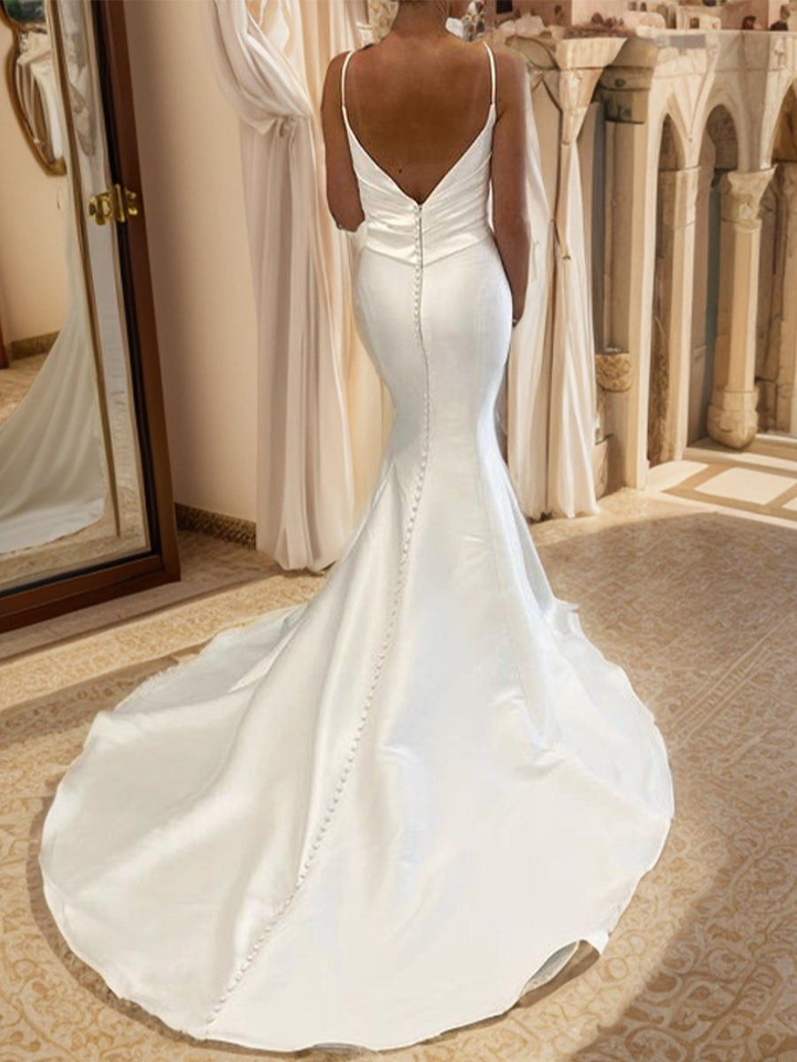 Sheath V-neck Pleated Chapel Train Satin Wedding Dress