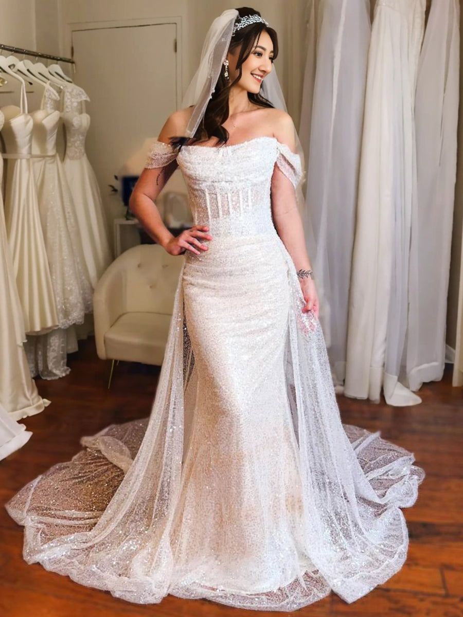Sheath Off-the-Shoulder Pleated Chapel Train Corset Wedding Dress