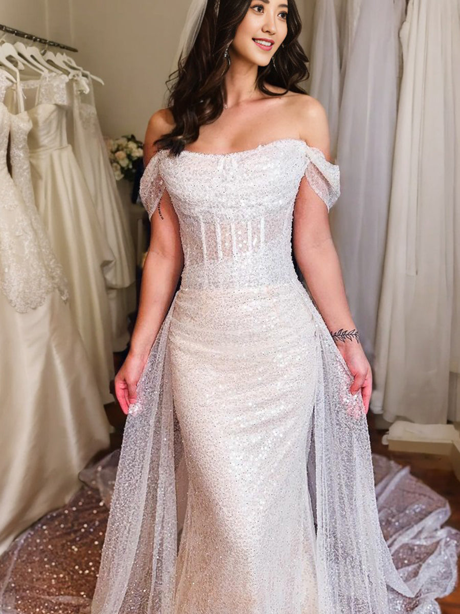 Sheath Off-the-Shoulder Pleated Chapel Train Corset Wedding Dress