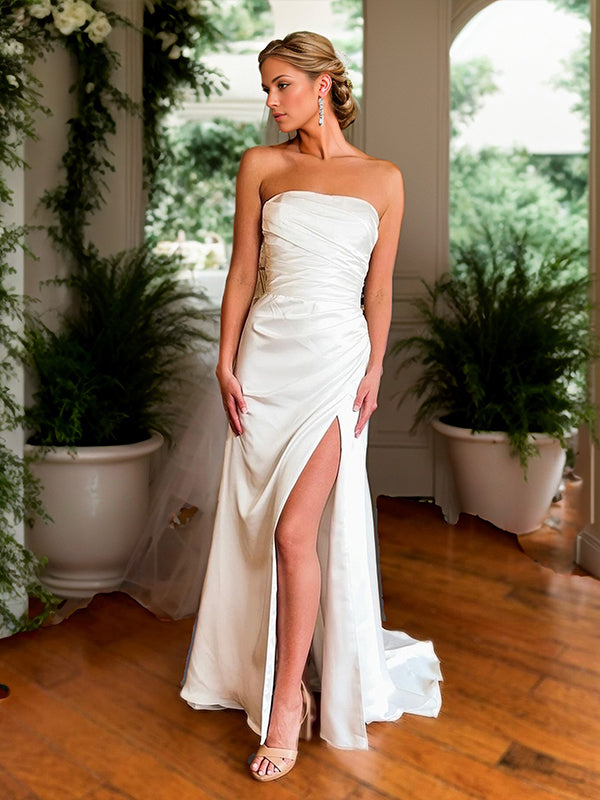 Sheath Straight Pleated Sweep Train Silk like Satin Wedding Dress