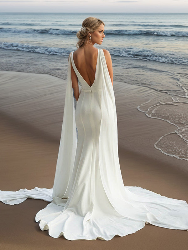 Sheath V-neck Court Train Stretch Crepe Wedding Dress