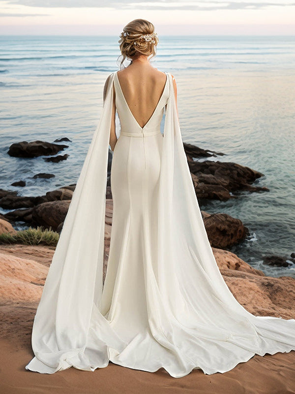 Sheath V-neck Court Train Stretch Crepe Wedding Dress