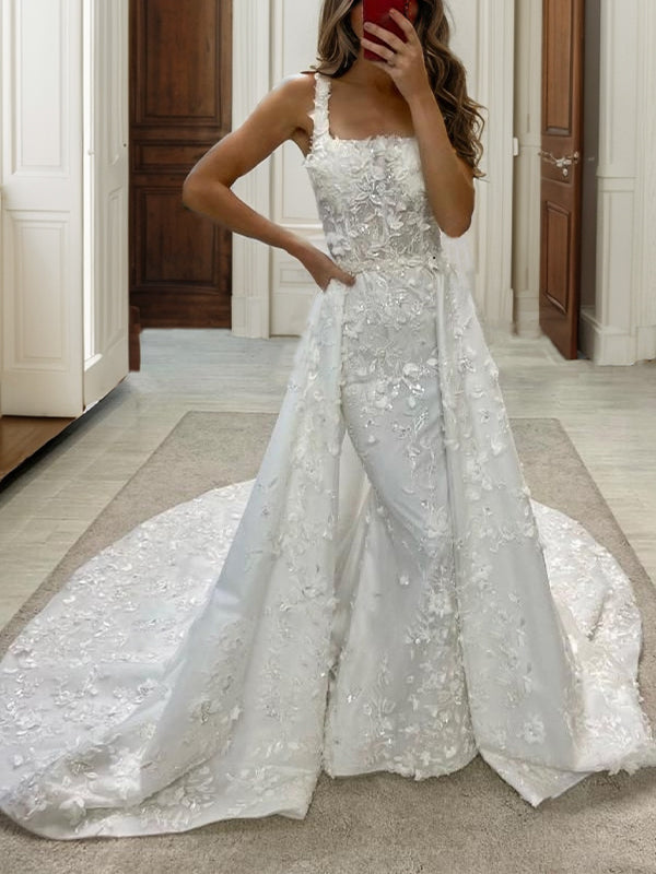 Sheath Square Appliques Lace Cathedral Train Lace Wedding Dress