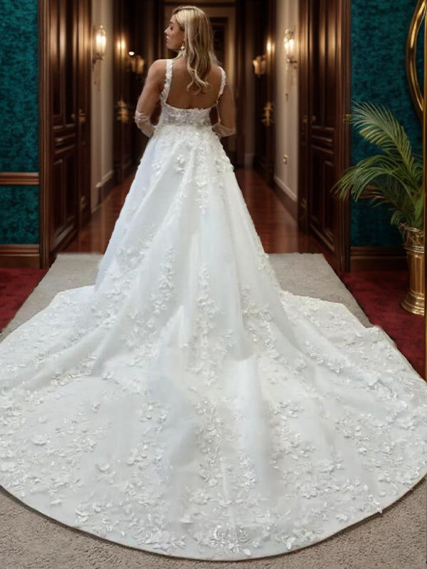 Sheath Square Appliques Lace Cathedral Train Lace Wedding Dress