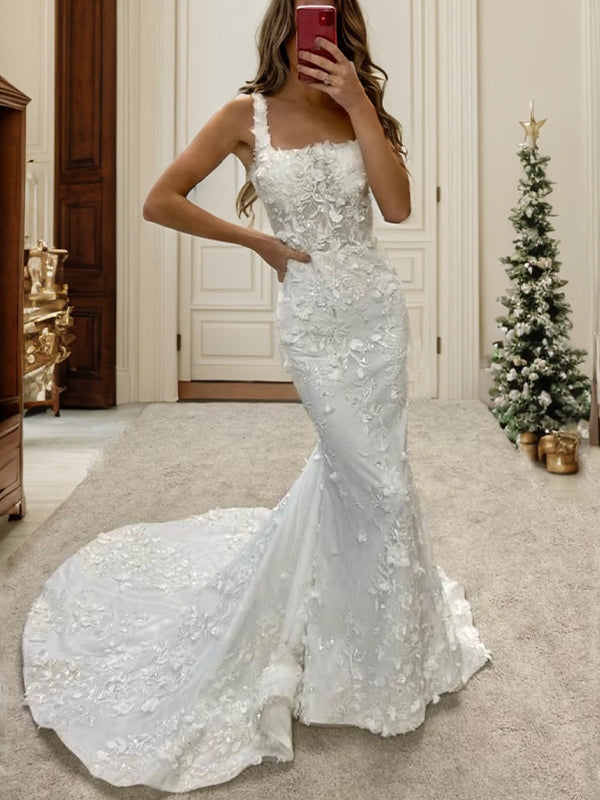 Sheath Square Appliques Lace Cathedral Train Lace Wedding Dress