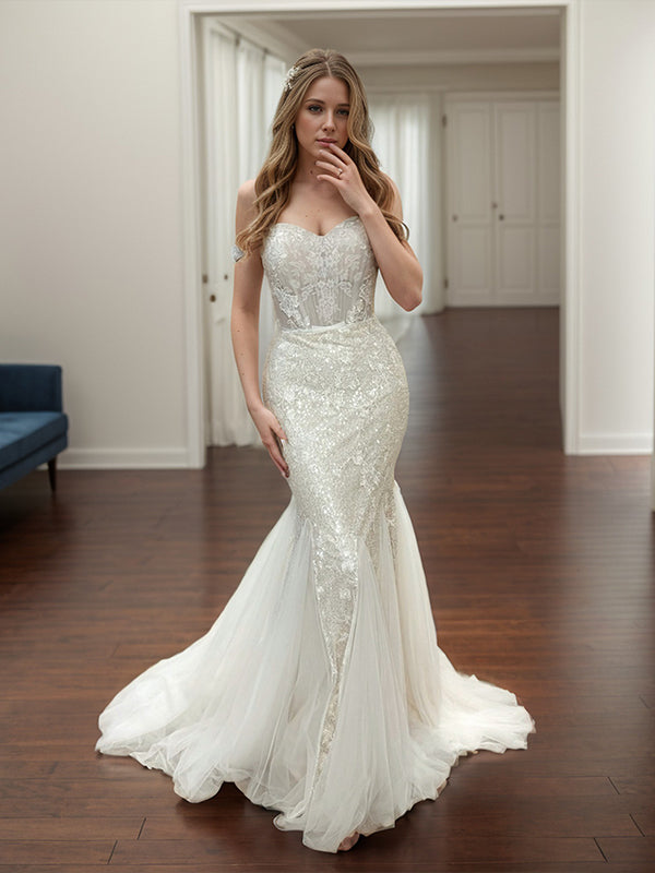 Sheath Off-the-Shoulder Appliques Lace Sweep Train Sequins Wedding Dress