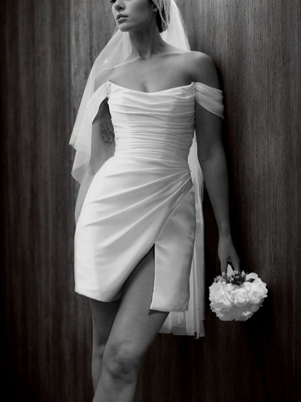 Sheath Off-the-Shoulder Pleated Short/Mini Charmeuse Wedding Dress