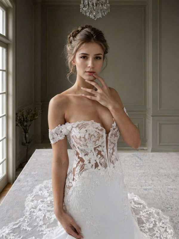 Mermaid Off-the-Shoulder Appliques Lace Cathedral Train Stretch Crepe Corset Wedding Dress