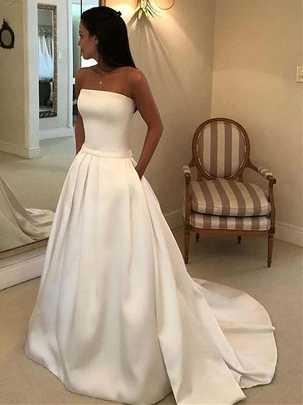 A-line Straight Ruffles Sweep Train Satin Corset Wedding Dress